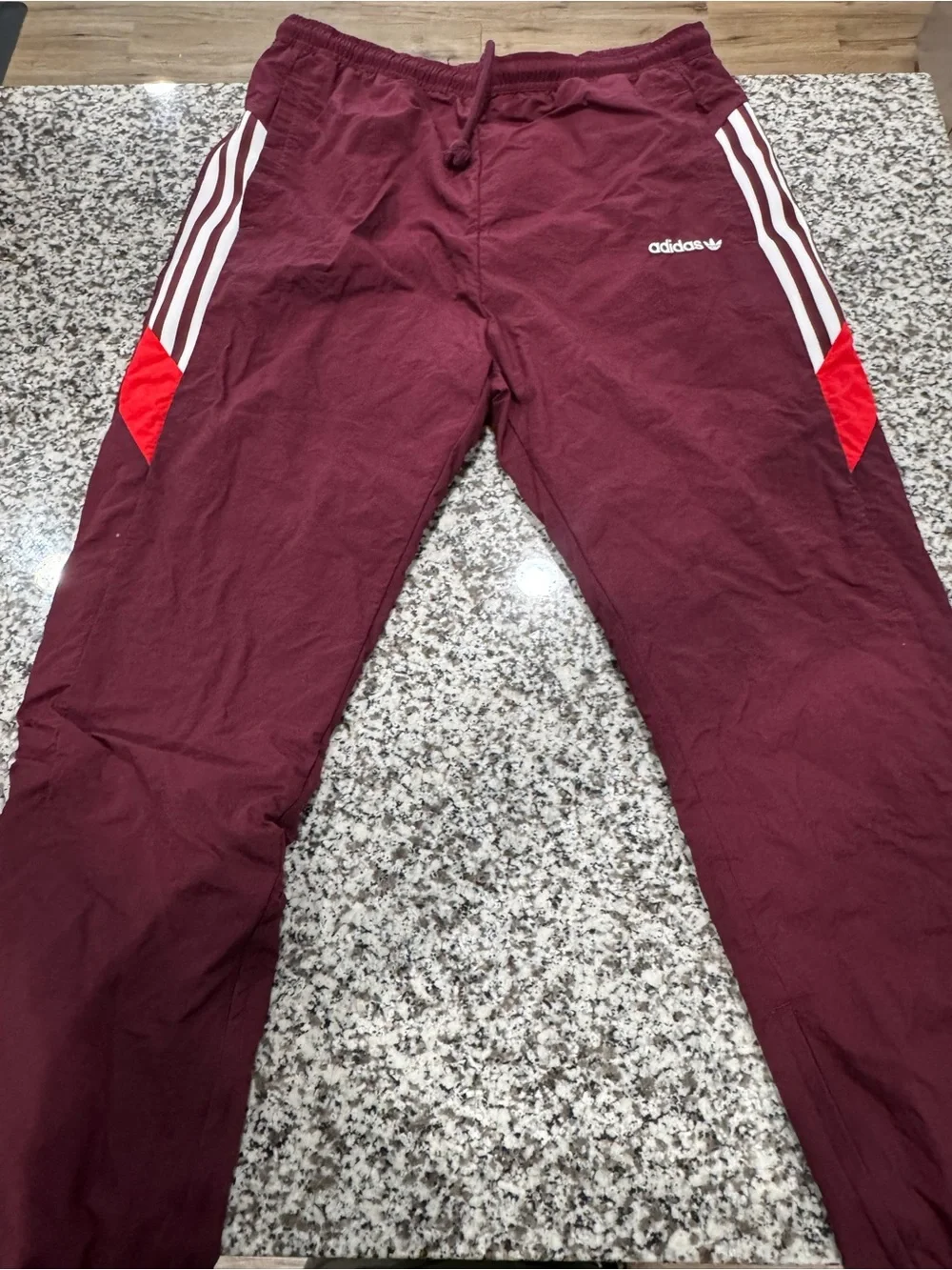 adidas Maroon Joggers with White Stripes and Red Accents